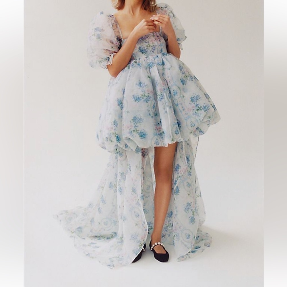Selkie Light Blue Floral Puff-Sleeve High-Low Dress